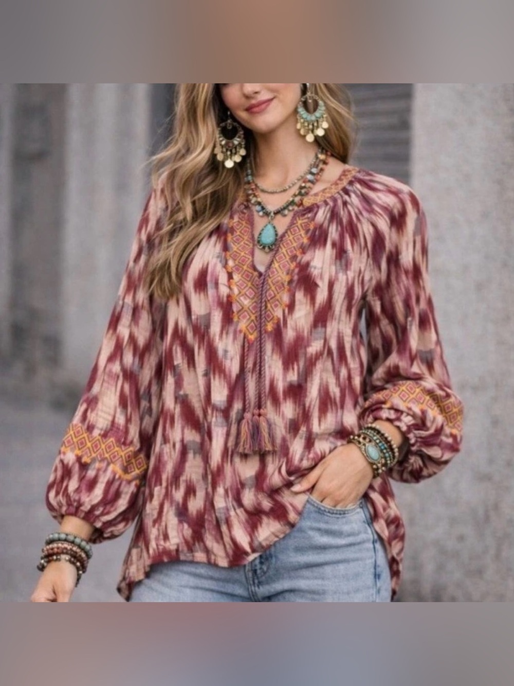 Sundance Distant Travels Boho Burgundy Cream Peasant Tunic Top L Embroidered